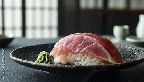 UExquisite fresh tuna nigiri sushi with wasabi side.