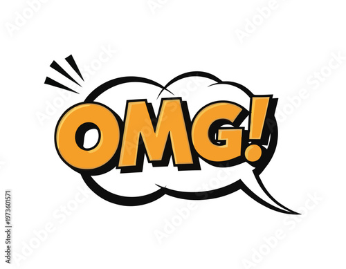 A vibrant comic book style speech bubble exclaims omg in bold orange lettering conveying surprise and excitement with dynamic lines