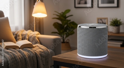 Smart Speaker on Wooden Table in Cozy Living Room with Book and Lamp