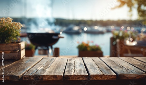 Outdoor Barbecue Grill Scene by the Water with Wooden Table.