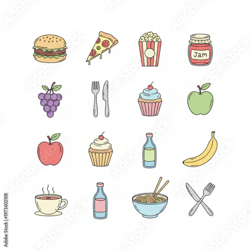 Hand drawn food and drink doodle icon vector set in grid layout for menu blog and planner design