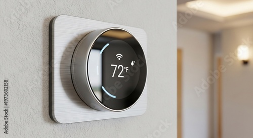 Smart Thermostat Displaying 72 Degrees Fahrenheit on Textured Wall