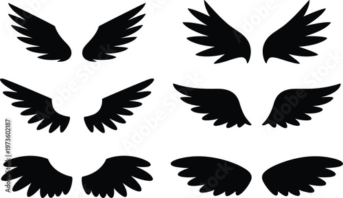 Wing silhouettes set, bird angel wings collection vector illustration flying design elements