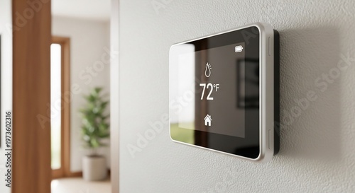 Smart Thermostat Displaying 72 Degrees Fahrenheit on Wall in Modern Home