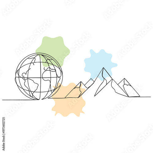 Global travel and tourism concept with world map, airplane, and mountain landscape
