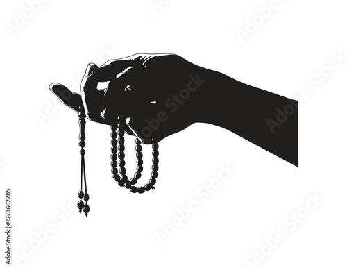 A striking silhouette of a person's hands clasped in prayer holding rosary beads evoking spirituality and devotion in a minimalist style