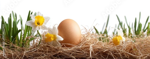 Easter Egg Nestled Among Daffodils and Fresh Green Grass.