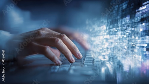 Close-up of Hands Typing on Keyboard with Digital Data Stream Effect.