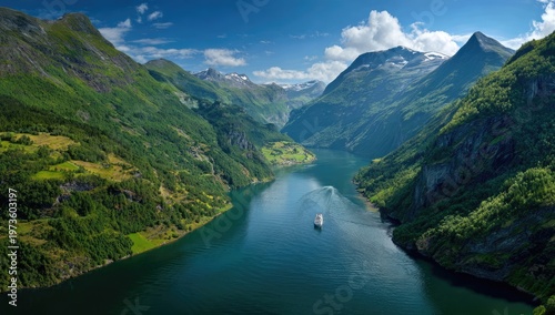 Majestic Geirangerfjord Norway Aerial View with Cruise Ship.