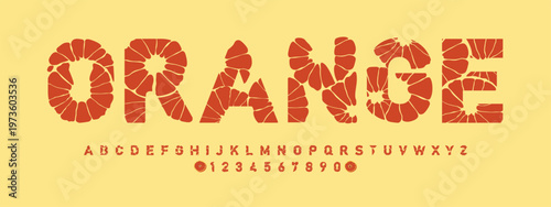 Orange fruit alphabet font design with citrus segments texture and numerical set on yellow background.