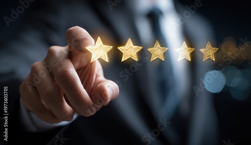 Customer Satisfaction Rating Five Star Experience Hand Touching Glowing Stars.