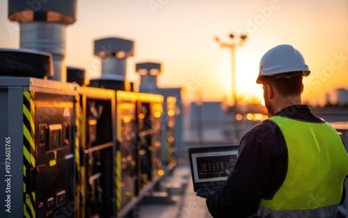 Rooftop Energy Monitoring System with Battery Storage at Sunset