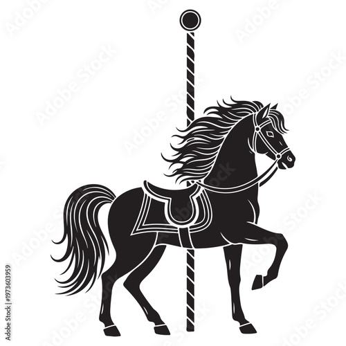 Elegant Black Silhouette of a Carousel Horse with Pole on White Background