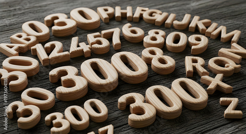 3D Textured Concrete Letters and Numbers on Dark Wood