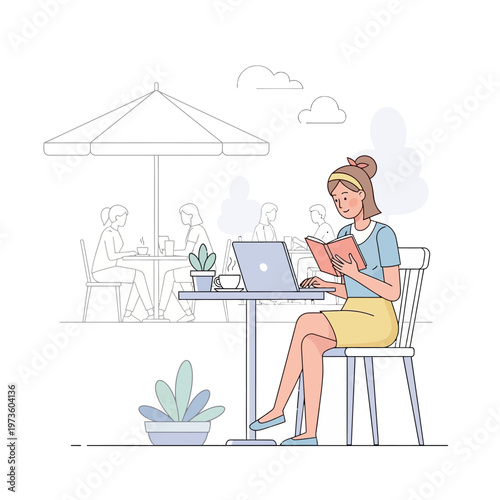 Young woman reading book at outdoor cafe with laptop.