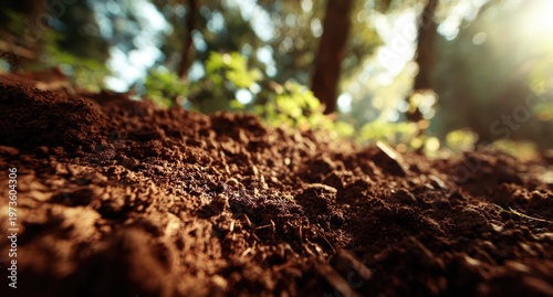 Close-up of rich forest soil with sunlight filtering through trees.