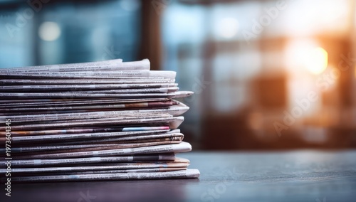 Stack of Newspapers on a Table with Blurred Background and Sunlight.