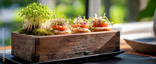Gourmet appetizer with fresh sprouts and salmon served in a rustic wooden box.