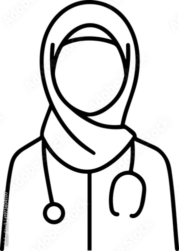 Hand Drawn Beautiful Female Doctor Wearing Hijab Black and White Illustration in Minimal Line Art Style Design
