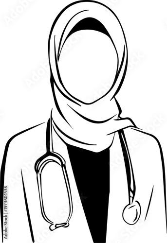 Hand Drawn Beautiful Female Doctor Wearing Hijab Black and White Illustration in Minimal Line Art Style Design