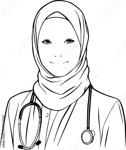 Hand Drawn Beautiful Female Doctor Wearing Hijab Black and White Illustration in Minimal Line Art Style Design