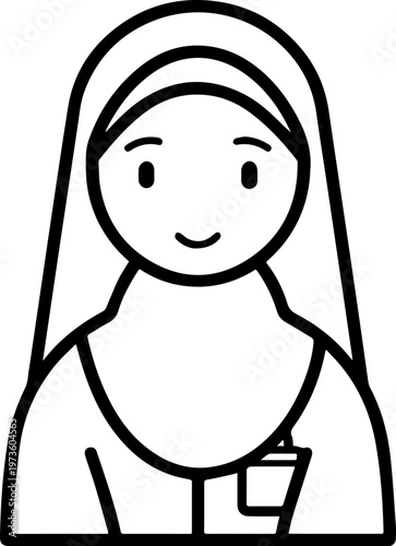 Hand Drawn Beautiful Female Doctor Wearing Hijab Black and White Illustration in Minimal Line Art Style Design