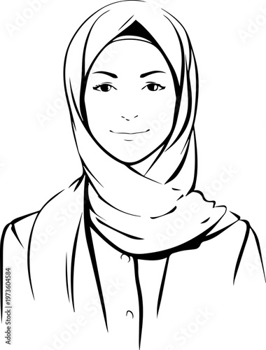 Hand Drawn Beautiful Female Doctor Wearing Hijab Black and White Illustration in Minimal Line Art Style Design