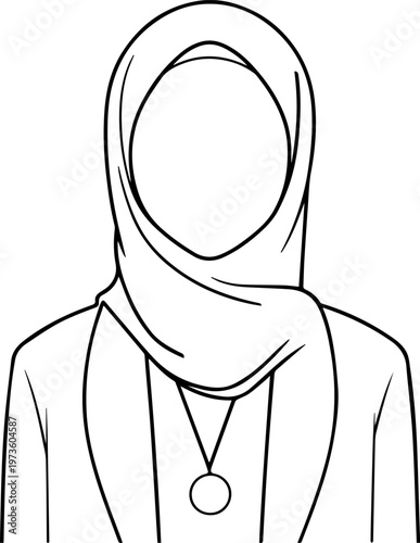 Hand Drawn Beautiful Female Doctor Wearing Hijab Black and White Illustration in Minimal Line Art Style Design