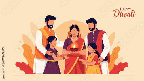 Traditional Indian family celebrates Diwali together by holding a glowing oil lamp in a warm and festive setting.