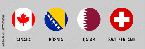 Canada Bosnia and Herzegovina Qatar Switzerland flags in circular badge set, national emblem collection, international country icons, global identity vector illustration