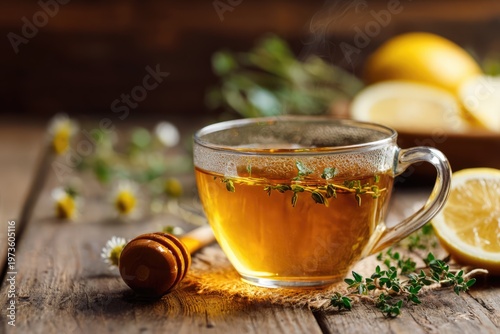 Warm Herbal Tea with Lemon and Honey on a Rustic Wooden Table.