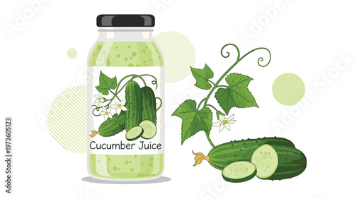 Bottle of healthy green cucumber juice with a illustrated label standing next to fresh garden cucumbers and leaves on white background.