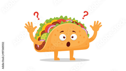 Cute cartoon taco character looking confused with question marks floating around while standing on its little legs with hands up.