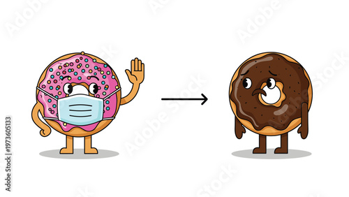 Donut characters illustrating social distancing guidelines with a pink frosted donut wearing a mask and a sad chocolate donut.