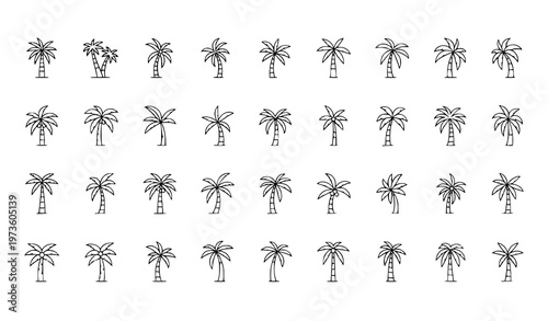 A collection of minimalist palm tree icons in a simple line art style