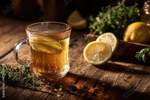 Warm Herbal Tea with Lemon and Fresh Herbs on Wooden Table.