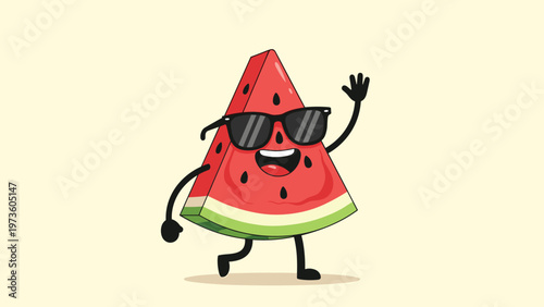 Cool watermelon slice character wearing black sunglasses and waving while walking confidently on its thin black legs and arms.