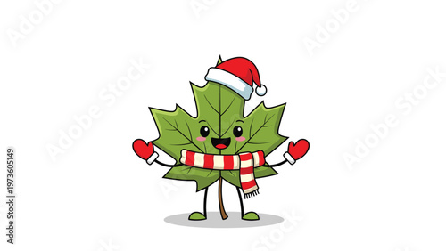 Adorable maple leaf character dressed in winter clothes including a red Santa hat, striped scarf, and warm mittens for Christmas.