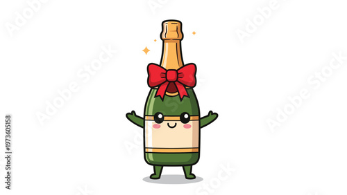 Cute cartoon champagne bottle character decorated with a big red bow looking happy with a wide smile and sparkling stars.