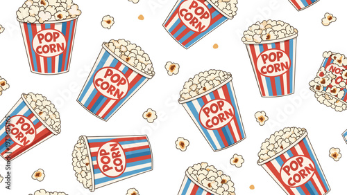 Seamless pattern of classic red and white striped popcorn buckets filled with fluffy kernels on a clean white background.