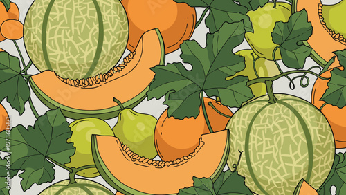 Lush fruit pattern featuring cantaloupe slices and whole melons with green leaves and pears in a dense colorful arrangement.