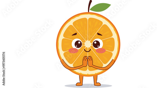 Sweet cartoon orange slice character with a polite expression and hands pressed together as if in a hopeful or thankful gesture.