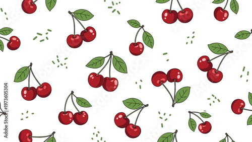 Minimalist fruit pattern with pairs of red cherries and green leaves distributed evenly across a white surface for textile design.