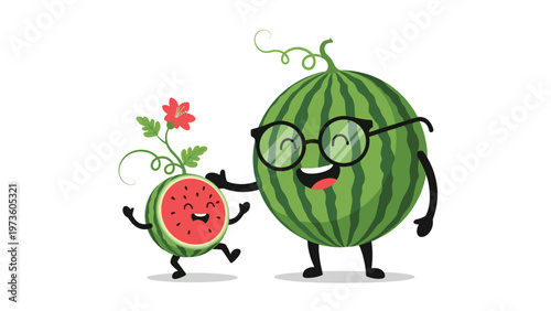 Cute watermelon family illustration featuring a larger parent with glasses and a smaller child fruit character playing together happily.