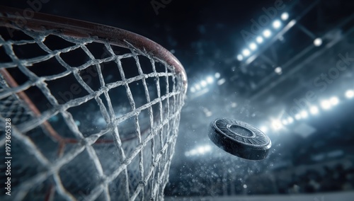 Hockey Puck Flying Towards Net During Intense Game Action.