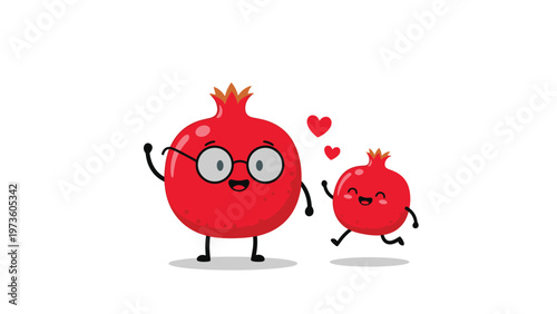 Two pomegranate cartoon characters with glasses and hearts representing a loving relationship or family bond in a cute art style.