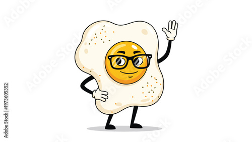 Friendly fried egg cartoon character wearing black glasses and waving its hand while standing confidently on a plain white background.