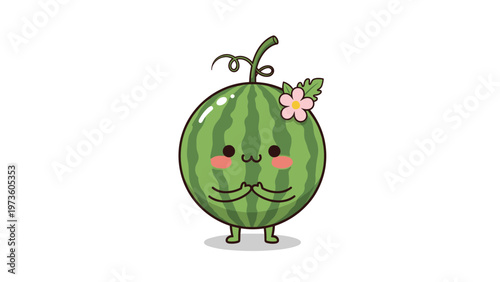 Sweet little watermelon character with a pink flower accessory and a cute shy expression perfect for children's wall art or stickers.