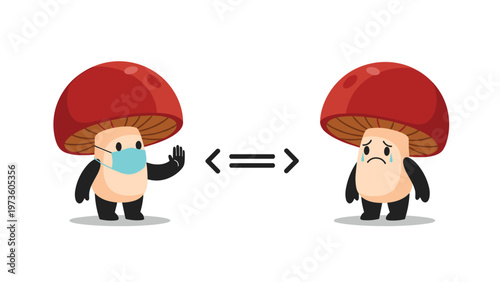 Two mushroom characters illustrating social distancing with one wearing a mask and the other crying because they cannot get close.