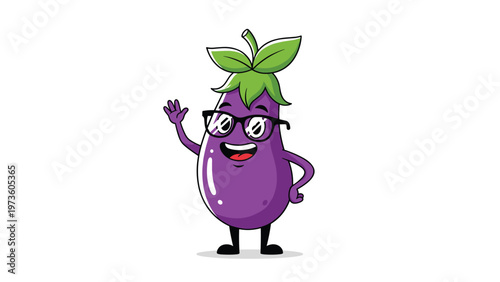 Intellectual eggplant character wearing stylish black glasses and waving cheerfully while posing against a clean white background space.
